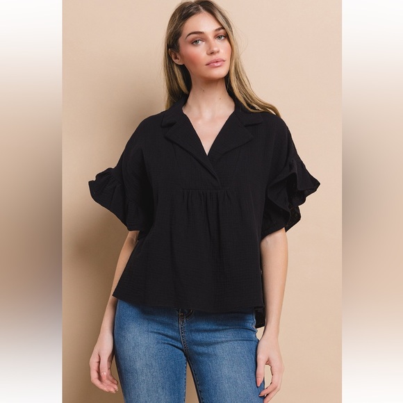 29 Boho Double Gauze Wide Collar Ruffle Sleeve Top - Picture 4 of 7